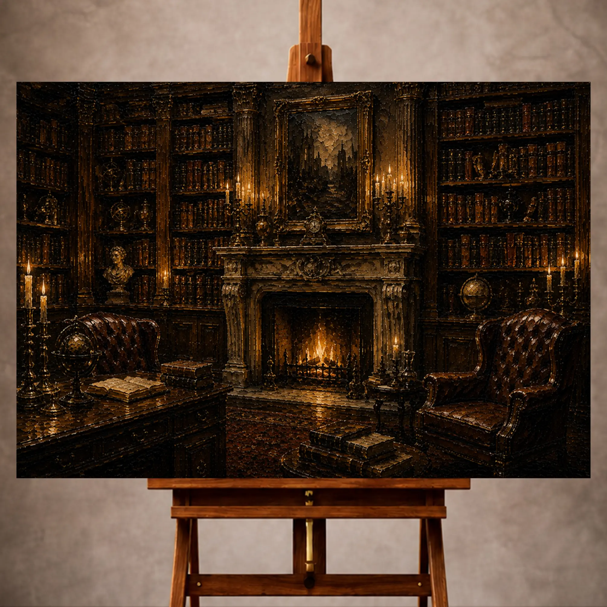 Premium Wall Art Yatay Html Edition – 0ffice059 Image 1 Warm Dark Academia Office Art print featuring antique books and a monumental stone fireplace with candlelit architectural detail for elegant interiors
