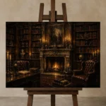 Candlelit Fireplace Dark Academia Office Art Canvas Print displayed on a studio easel