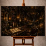 Sepia Dark Academia Office Art print featuring a scholarly interior with antique globes, manuscripts, and candlelit alcoves for elegant interiors