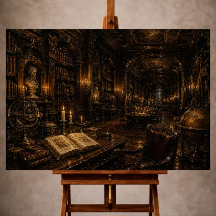 Sepia Dark Academia Office Art print featuring a scholarly interior with antique globes, manuscripts, and candlelit alcoves for elegant interiors