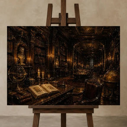 Sepia Scholarly Interior Dark Academia Office Art Canvas Print displayed on a studio easel