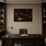 Sepia Scholarly Interior Dark Academia Office Art Canvas Print displayed in a contemporary gallery-inspired room