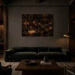 Sepia Scholarly Interior Dark Academia Office Art Canvas Print shown in a warm modern interior