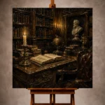Moody Dark Academia Office Art print featuring a library corner with walnut bookshelves, leather-bound books, and a candlelit oak desk for elegant interiors