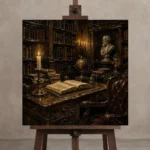 Moody Library Corner Dark Academia Office Art Canvas Print displayed on a studio easel