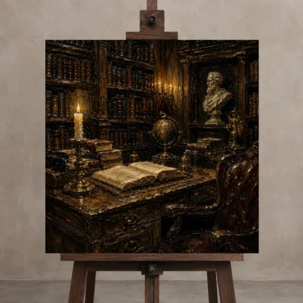 Moody Library Corner Dark Academia Office Art Canvas Print displayed on a studio easel