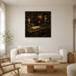 Moody Library Corner Dark Academia Office Art Canvas Print styled in a refined neutral interior