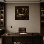 Moody Library Corner Dark Academia Office Art Canvas Print displayed in a contemporary gallery-inspired room