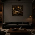 Moody Library Corner Dark Academia Office Art Canvas Print shown in a warm modern interior