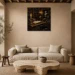 Moody Library Corner Dark Academia Office Art Canvas Print presented in a sophisticated home setting