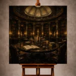 Moody Dark Academia Office Art print featuring a round antique reading table beneath a domed library ceiling with candles and vintage books for elegant interiors