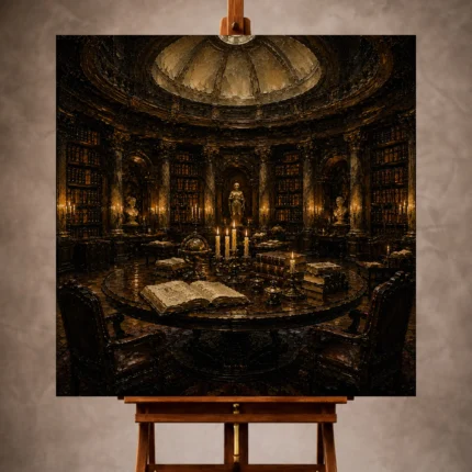 Moody Dark Academia Office Art print featuring a round antique reading table beneath a domed library ceiling with candles and vintage books for elegant interiors