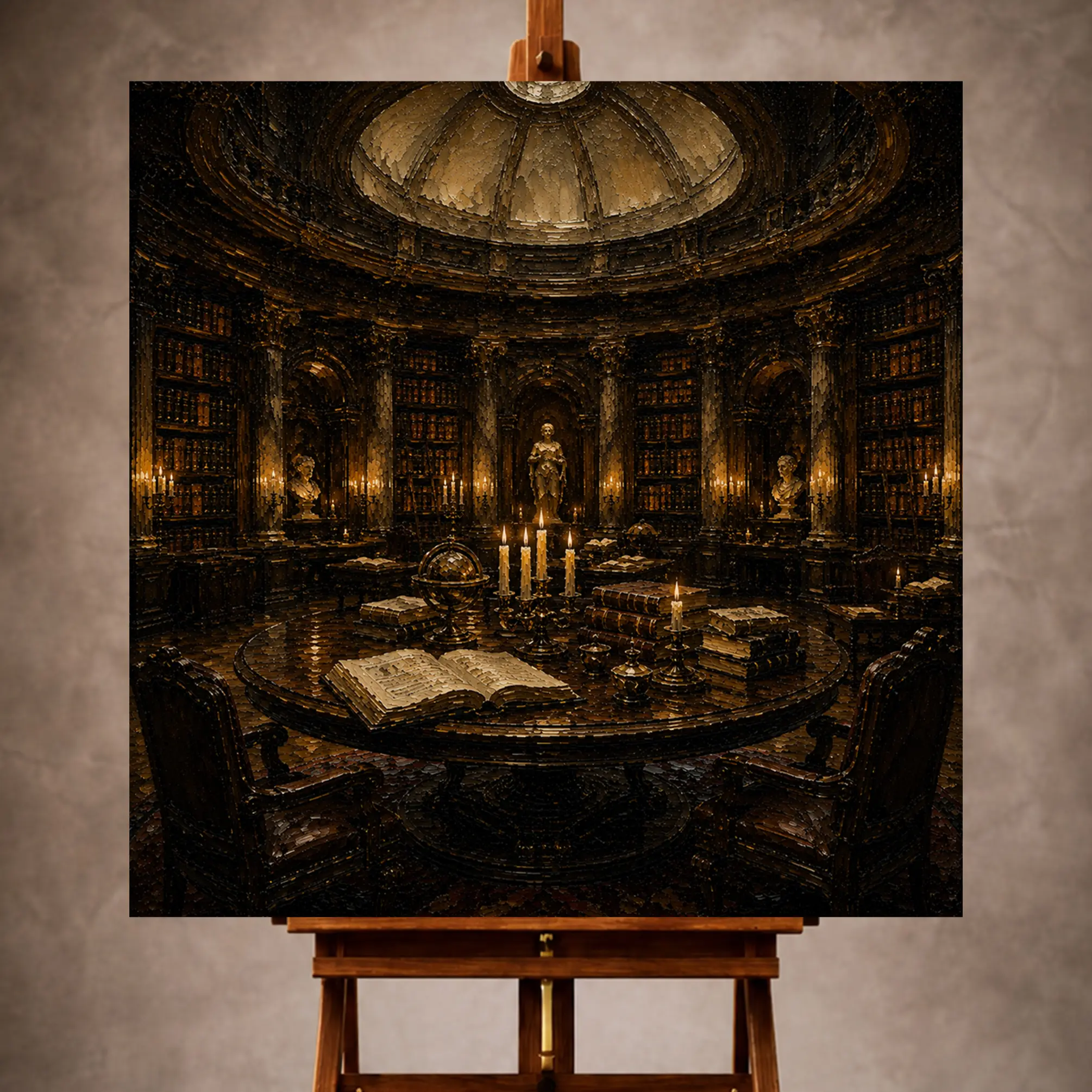 Premium Wall Art Kare Html Edition – 0ffice062 Image 1 Moody Dark Academia Office Art print featuring a round antique reading table beneath a domed library ceiling with candles and vintage books for elegant interiors