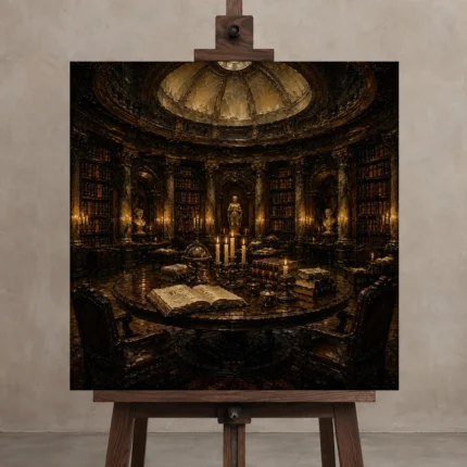 Candlelit Library Table Dark Academia Office Art Canvas Print shown in Studio Easel