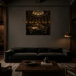 Candlelit Library Table Dark Academia Office Art Canvas Print shown in a warm modern interior