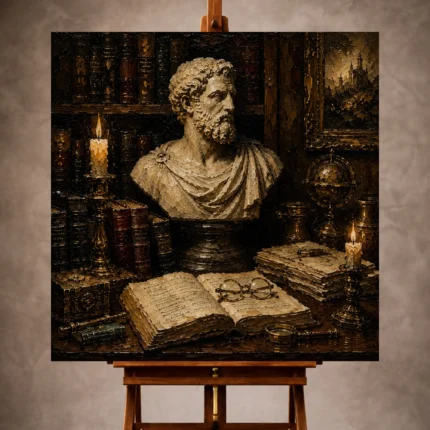 Museum-inspired Dark Academia Office Art print featuring a marble bust with antique books, manuscripts, and candlelight for elegant interiors