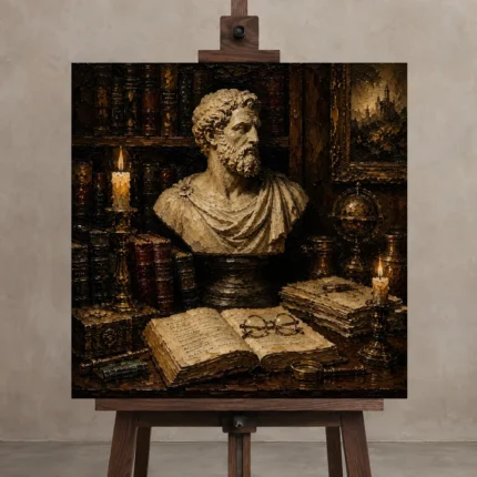 Museum-Inspired Marble Bust Dark Academia Office Art Canvas Print displayed on a studio easel