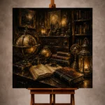 Warm Dark Academia Office Art print featuring antique globes, leather journals, carved cabinets, and glowing brass lanterns for elegant interiors