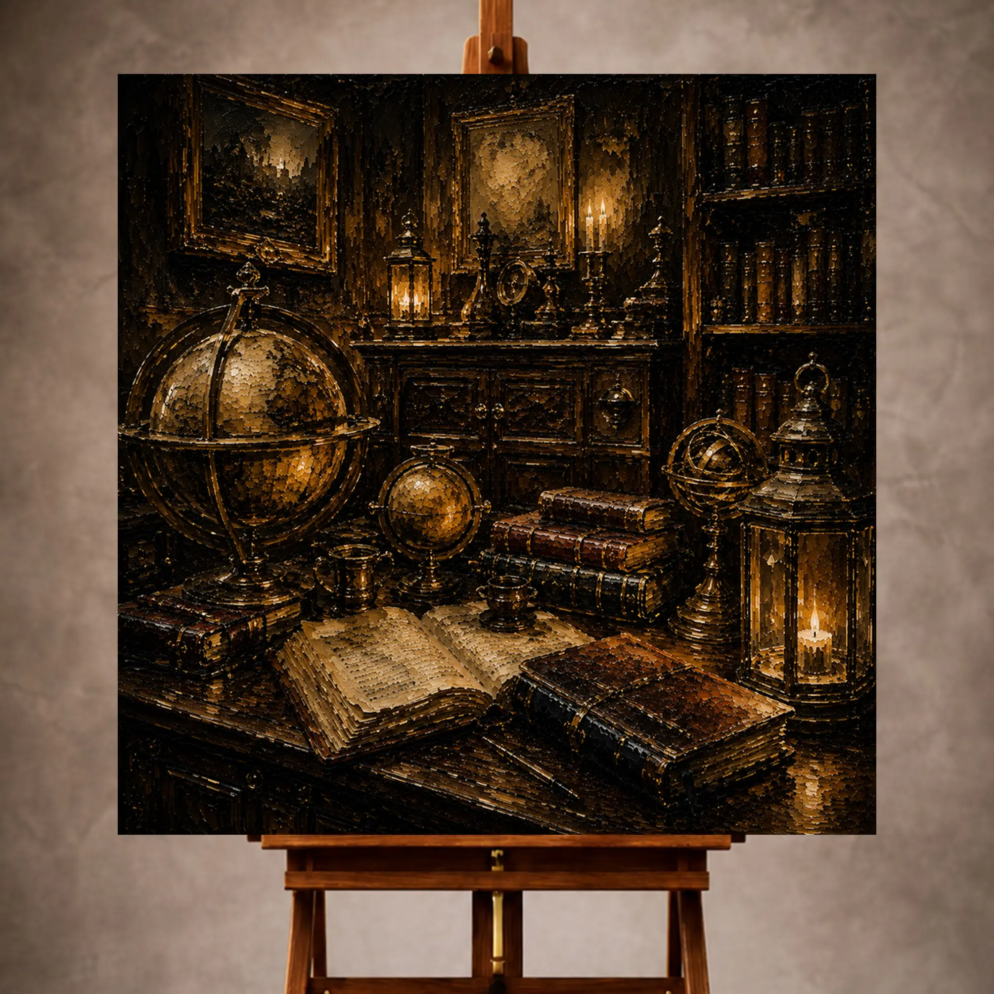 Premium Wall Art Kare Html Edition – 0ffice064 Image 1 Warm Dark Academia Office Art print featuring antique globes, leather journals, carved cabinets, and glowing brass lanterns for elegant interiors