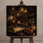 Candlelit Globe Study Dark Academia Office Art Canvas Print displayed on a studio easel