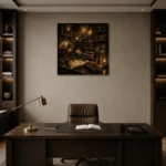 Candlelit Globe Study Dark Academia Office Art Canvas Print displayed in a contemporary gallery-inspired room