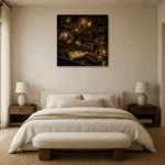 Candlelit Globe Study Dark Academia Office Art Canvas Print showcased in an elegant minimalist interior