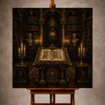 Refined Dark Academia Office Art print featuring an illuminated manuscript on an antique lectern framed by bookshelves and candlelight