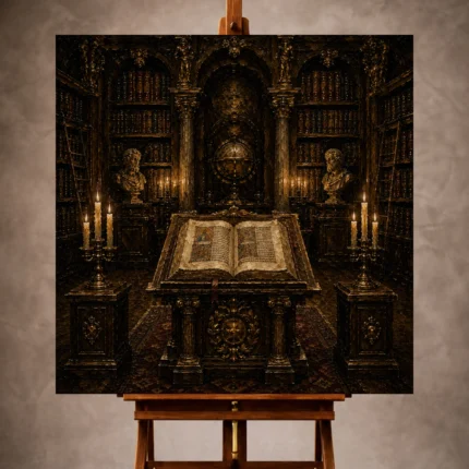 Refined Dark Academia Office Art print featuring an illuminated manuscript on an antique lectern framed by bookshelves and candlelight