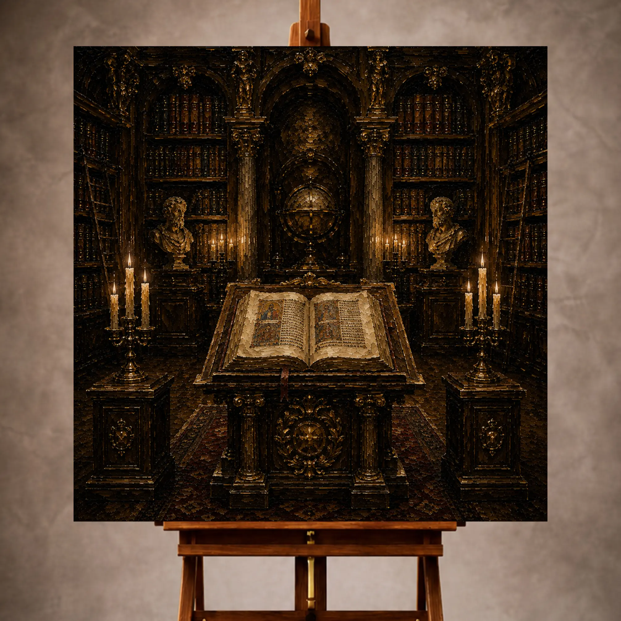 Premium Wall Art Kare Html Edition – 0ffice065 Image 1 Refined Dark Academia Office Art print featuring an illuminated manuscript on an antique lectern framed by bookshelves and candlelight