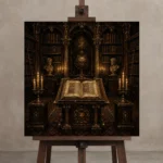 Illuminated Lectern Dark Academia Office Art Canvas Print displayed on a studio easel