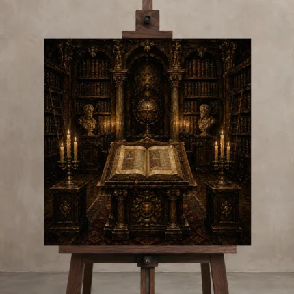 Illuminated Lectern Dark Academia Office Art Canvas Print shown in Studio Easel