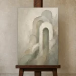 Sage Sculptural Arch Quiet Focus Wall Art Canvas Print displayed on a studio easel