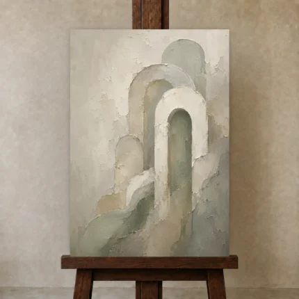 Sage Sculptural Arch Quiet Focus Wall Art Canvas Print shown in Studio Easel