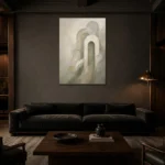 Sage Sculptural Arch Quiet Focus Wall Art Canvas Print shown in a warm modern interior
