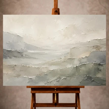 Soft gray and sage Quiet Focus Wall Art print featuring layered mineral textures and abstract stone formations for elegant office interiors