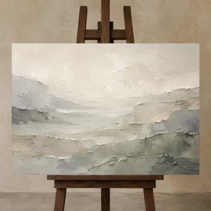 Misty Mineral Panorama Quiet Focus Wall Art Canvas Print displayed on a studio easel