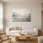 Misty Mineral Panorama Quiet Focus Wall Art Canvas Print styled in a refined neutral interior
