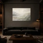 Misty Mineral Panorama Quiet Focus Wall Art Canvas Print shown in a warm modern interior