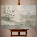 Dusty sage Quiet Focus Wall Art print featuring botanical silhouettes and sculptural plaster planes for elegant office interiors