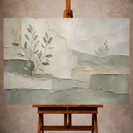 Dusty sage Quiet Focus Wall Art print featuring botanical silhouettes and sculptural plaster planes for elegant office interiors