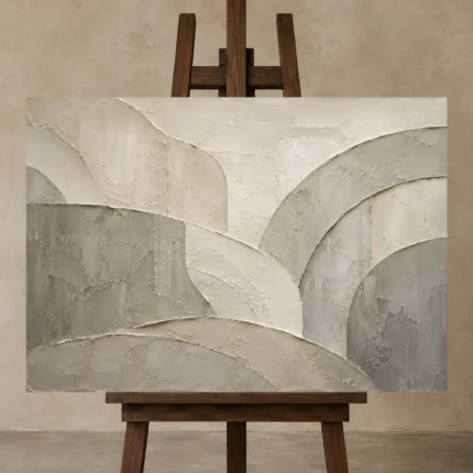 Sage Architectural Curves Quiet Focus Wall Art Canvas Print displayed on a studio easel