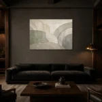 Sage Architectural Curves Quiet Focus Wall Art Canvas Print shown in a warm modern interior