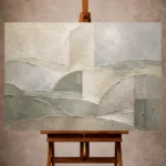 Soft gray and sage Quiet Focus Wall Art print featuring weathered geometric forms and organic textures for elegant office interiors