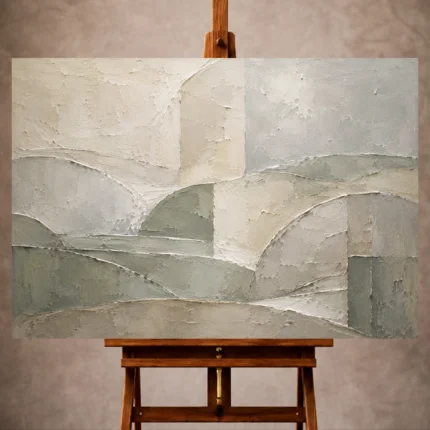 Soft gray and sage Quiet Focus Wall Art print featuring weathered geometric forms and organic textures for elegant office interiors