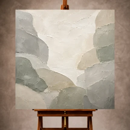 Soft gray and sage Quiet Focus Wall Art print featuring sculptural stone forms around an illuminated center for elegant interiors