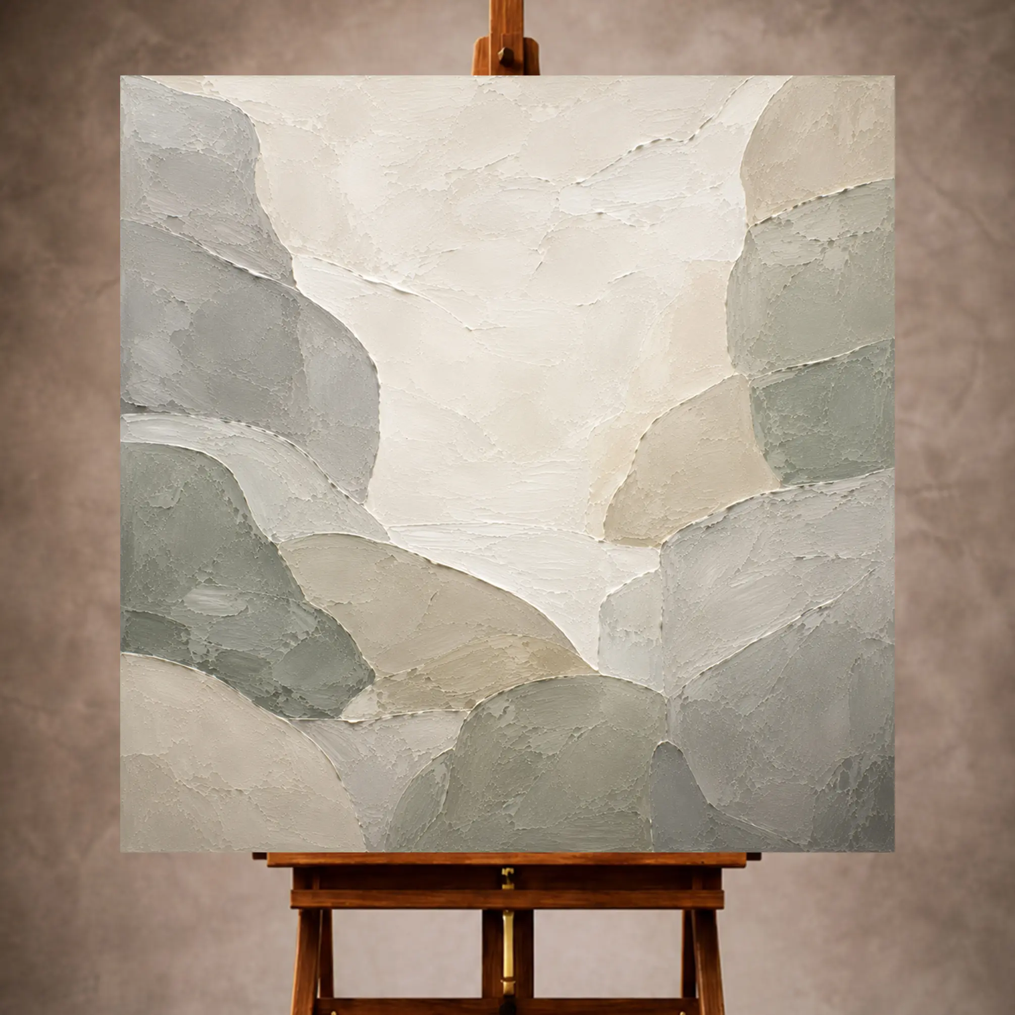 Premium Wall Art Kare Html Edition – 0ffice076 Image 1 Soft gray and sage Quiet Focus Wall Art print featuring sculptural stone forms around an illuminated center for elegant interiors