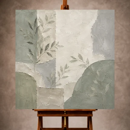 Dusty sage Quiet Focus Wall Art print featuring layered botanical silhouettes and textured plaster for elegant office interiors
