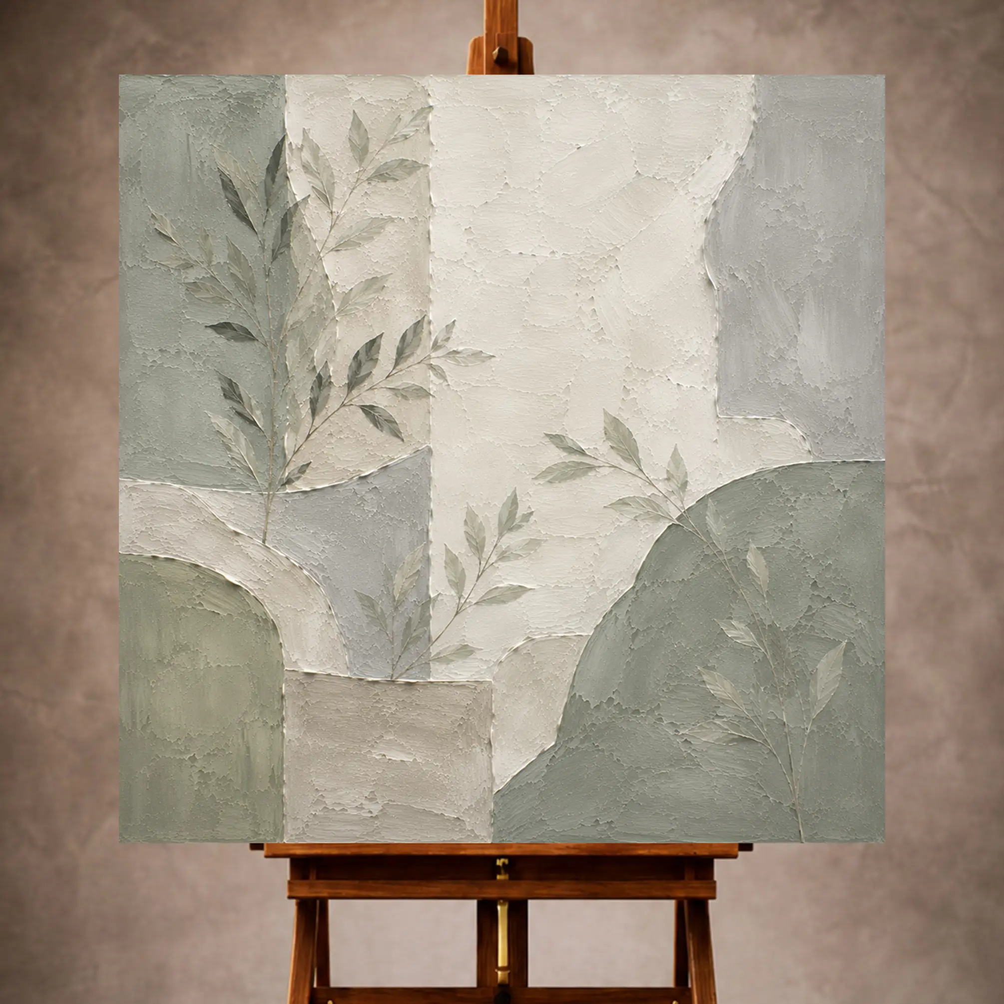 Premium Wall Art Kare Html Edition – 0ffice077 Image 1 Dusty sage Quiet Focus Wall Art print featuring layered botanical silhouettes and textured plaster for elegant office interiors