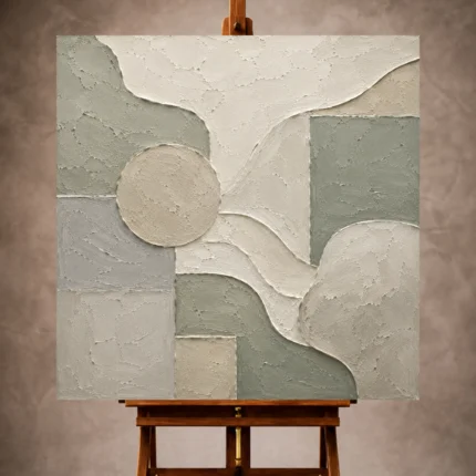 Warm ivory and sage Quiet Focus Wall Art print featuring sculptural organic layers and minimalist geometric forms for elegant office interiors