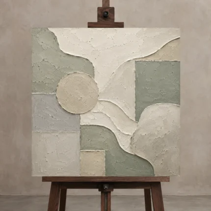 Sage Sculptural Geometry Quiet Focus Wall Art Canvas Print displayed on a studio easel